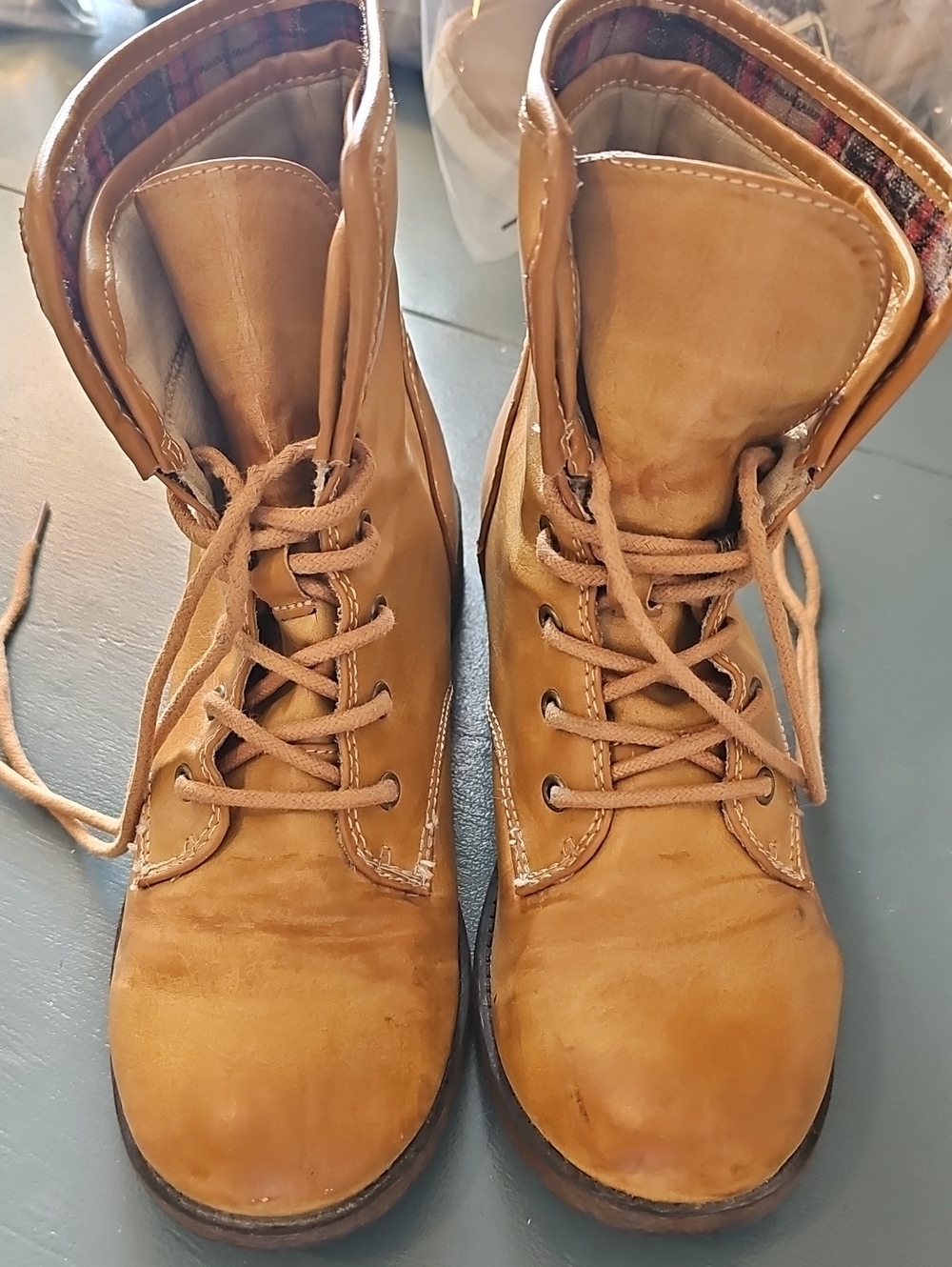 Unbranded Combat Lace Up Ankle Boots Womens Sz 8 Tan Faux Leather Plaid Lug Sole